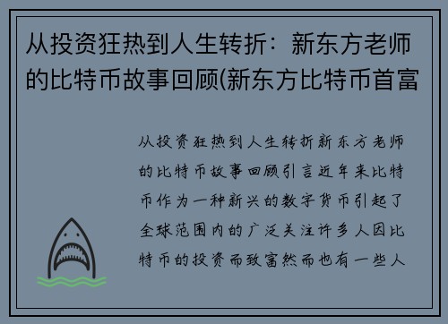 从投资狂热到人生转折：新东方老师的比特币故事回顾(新东方比特币首富)
