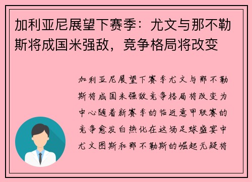 加利亚尼展望下赛季：尤文与那不勒斯将成国米强敌，竞争格局将改变