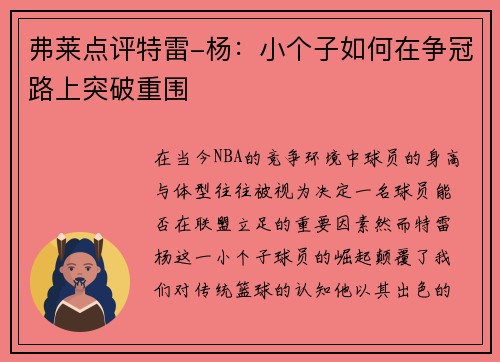 弗莱点评特雷-杨：小个子如何在争冠路上突破重围