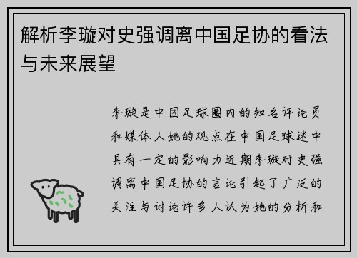 解析李璇对史强调离中国足协的看法与未来展望