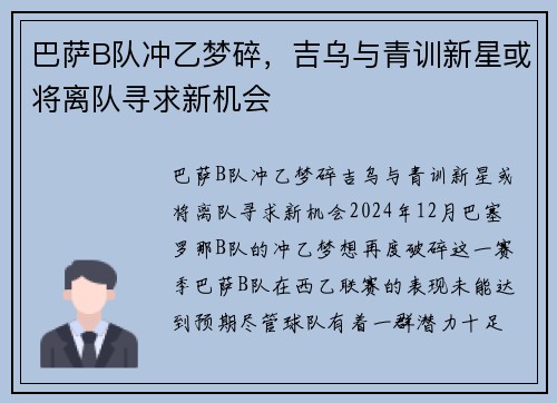 巴萨B队冲乙梦碎，吉乌与青训新星或将离队寻求新机会