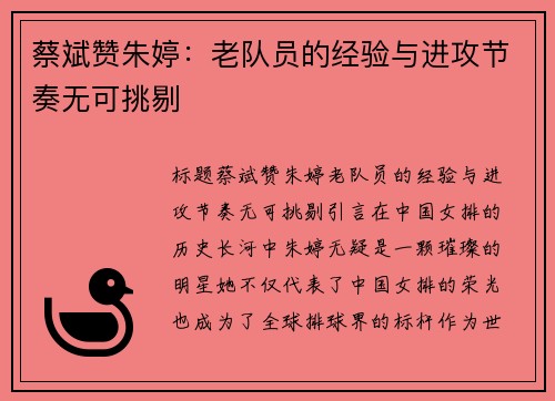 蔡斌赞朱婷：老队员的经验与进攻节奏无可挑剔