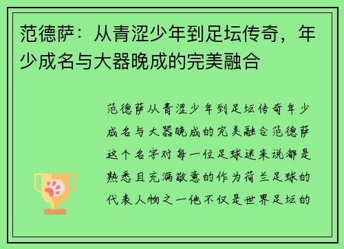 范德萨：从青涩少年到足坛传奇，年少成名与大器晚成的完美融合