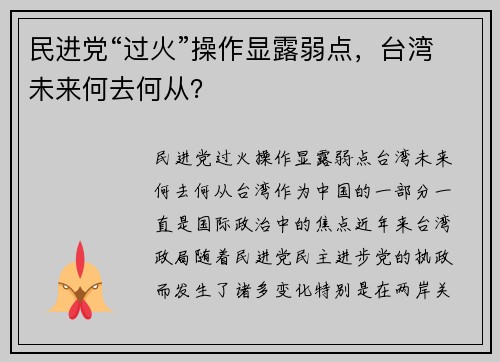 民进党“过火”操作显露弱点，台湾未来何去何从？