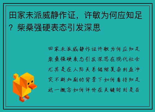 田家未派威静作证，许敏为何应知足？柴桑强硬表态引发深思
