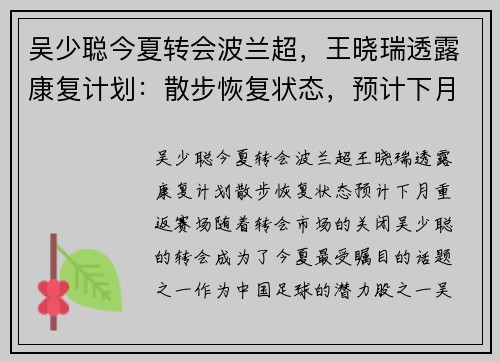 吴少聪今夏转会波兰超，王晓瑞透露康复计划：散步恢复状态，预计下月重返赛场