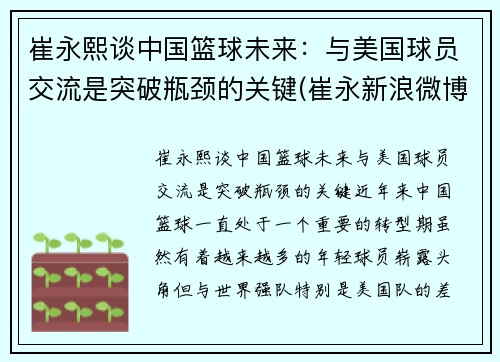 崔永熙谈中国篮球未来：与美国球员交流是突破瓶颈的关键(崔永新浪微博采访)