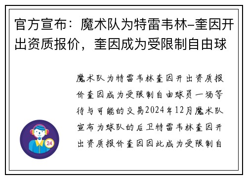 官方宣布：魔术队为特雷韦林-奎因开出资质报价，奎因成为受限制自由球员
