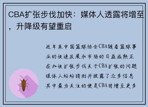 CBA扩张步伐加快：媒体人透露将增至，升降级有望重启