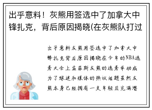出乎意料！灰熊用签选中了加拿大中锋扎克，背后原因揭晓(在灰熊队打过球的球员)